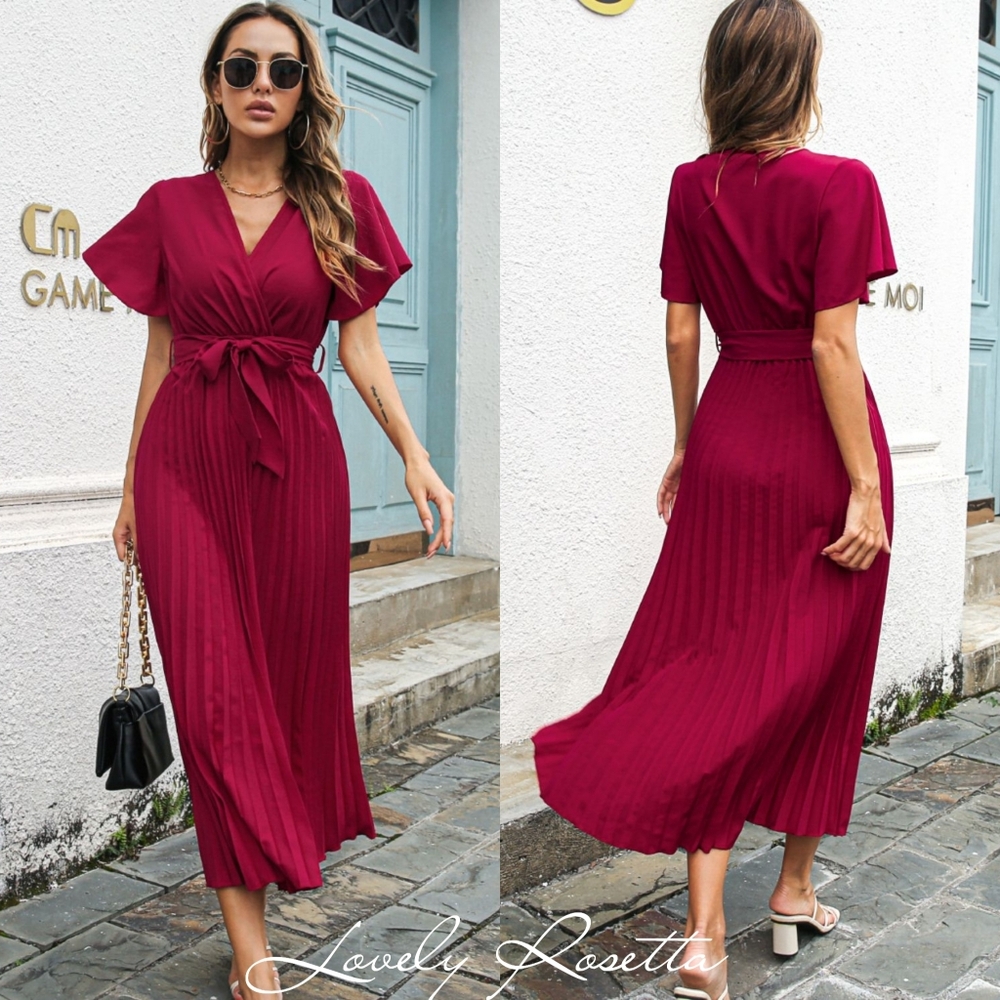 Wine Belted Surplice Midi Dress - Picture 7 of 9